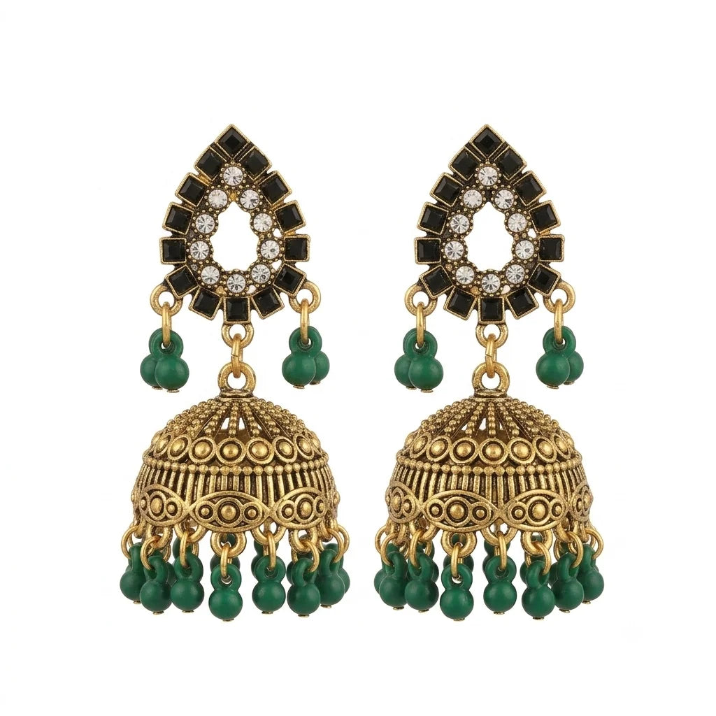Antique Green & Gold Bead Jhumka