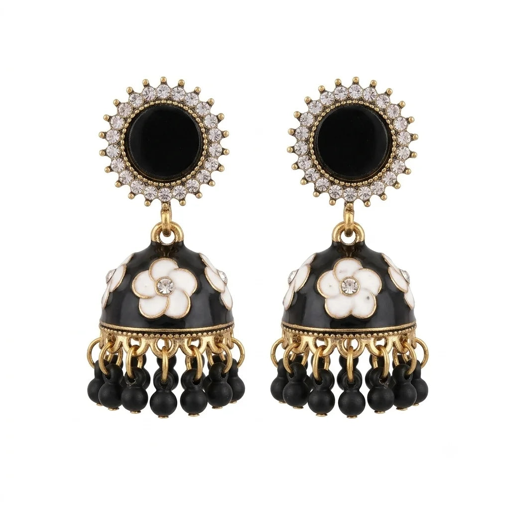 Black & White Floral Enamel Jhumka