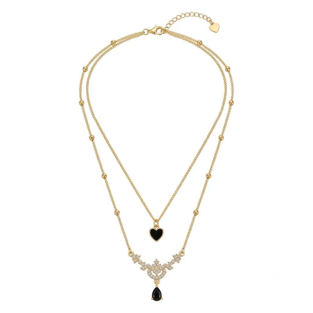 Elegant Double-Layered Black Heart & Crystal Necklace