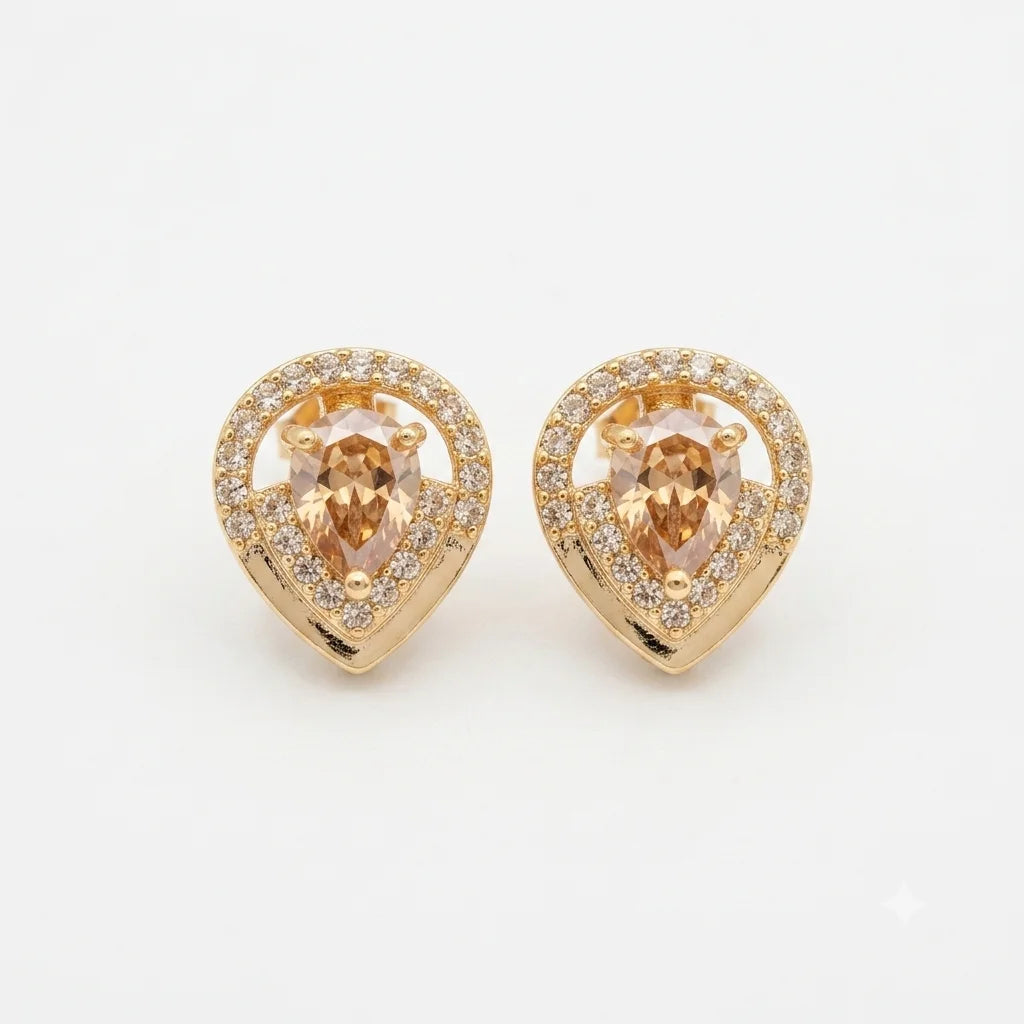 Elegant Pear-Cut Champagne Halo Stud Earrings