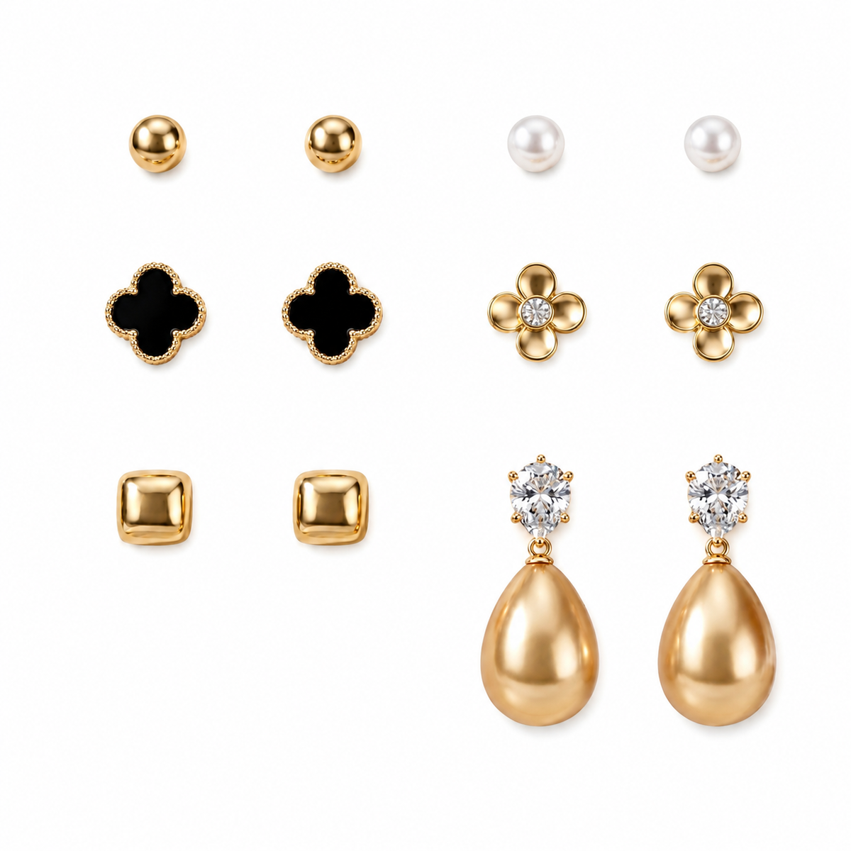 Golden Clover & Pearl Multi-Pair Earring Set