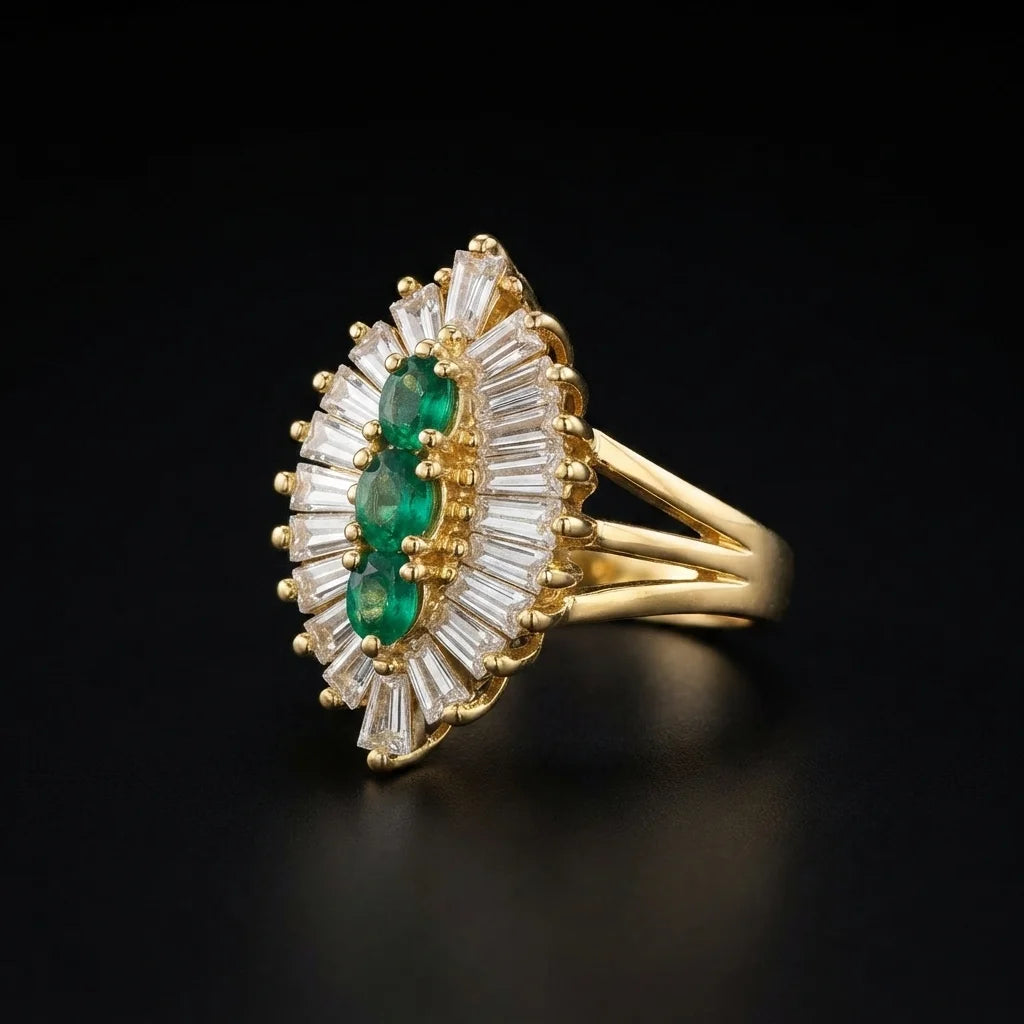 Golden-Green Emerald and Baguette Ring
