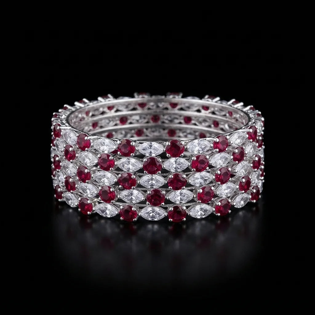 Silvery Ruby and Marquise Crystal 4 Piece Bangles Set