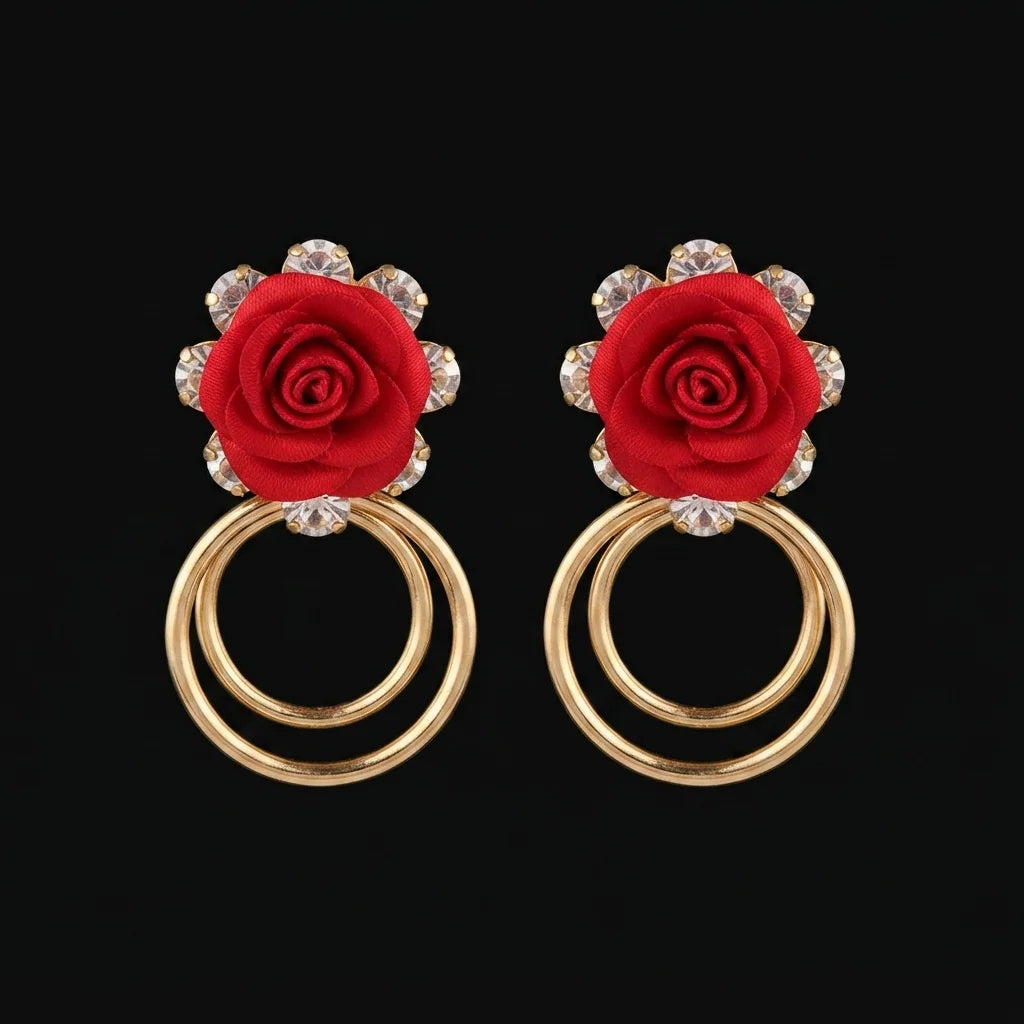 Golden Red Rose and Double Hoop Drop Earrings