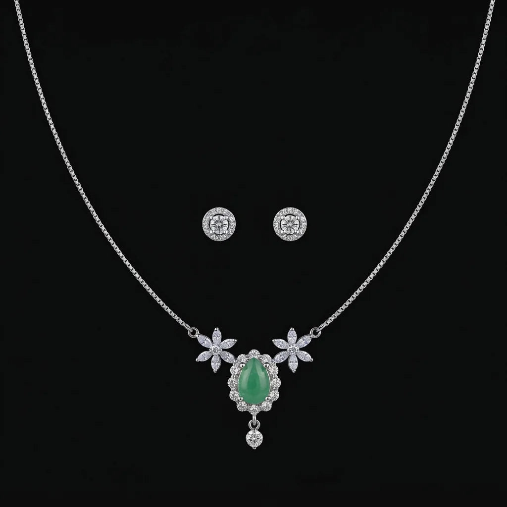 Silver Emerald Teardrop Floral 2-Piece Jewelry Set