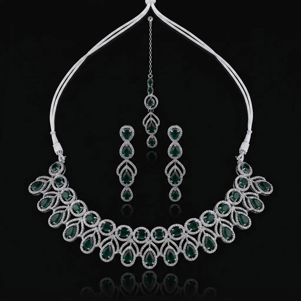 Silvery Emerald Leaflet Bridal Choker Set
