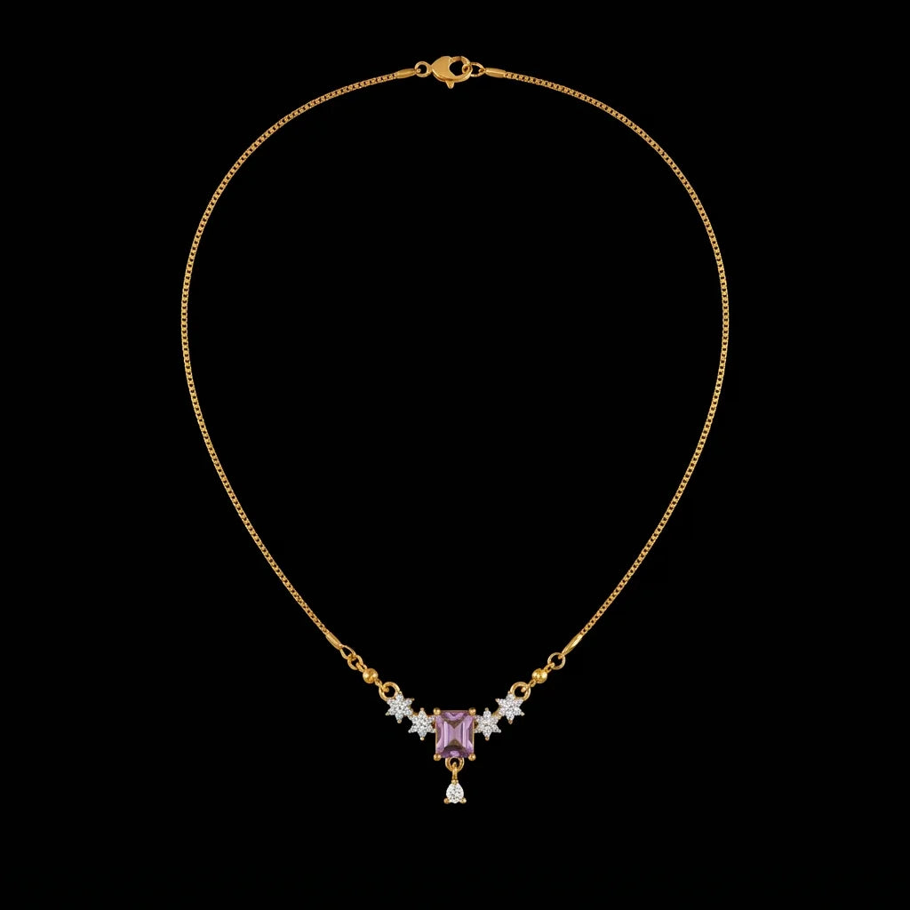 Golden Emerald-Cut Pink Crystal Necklace