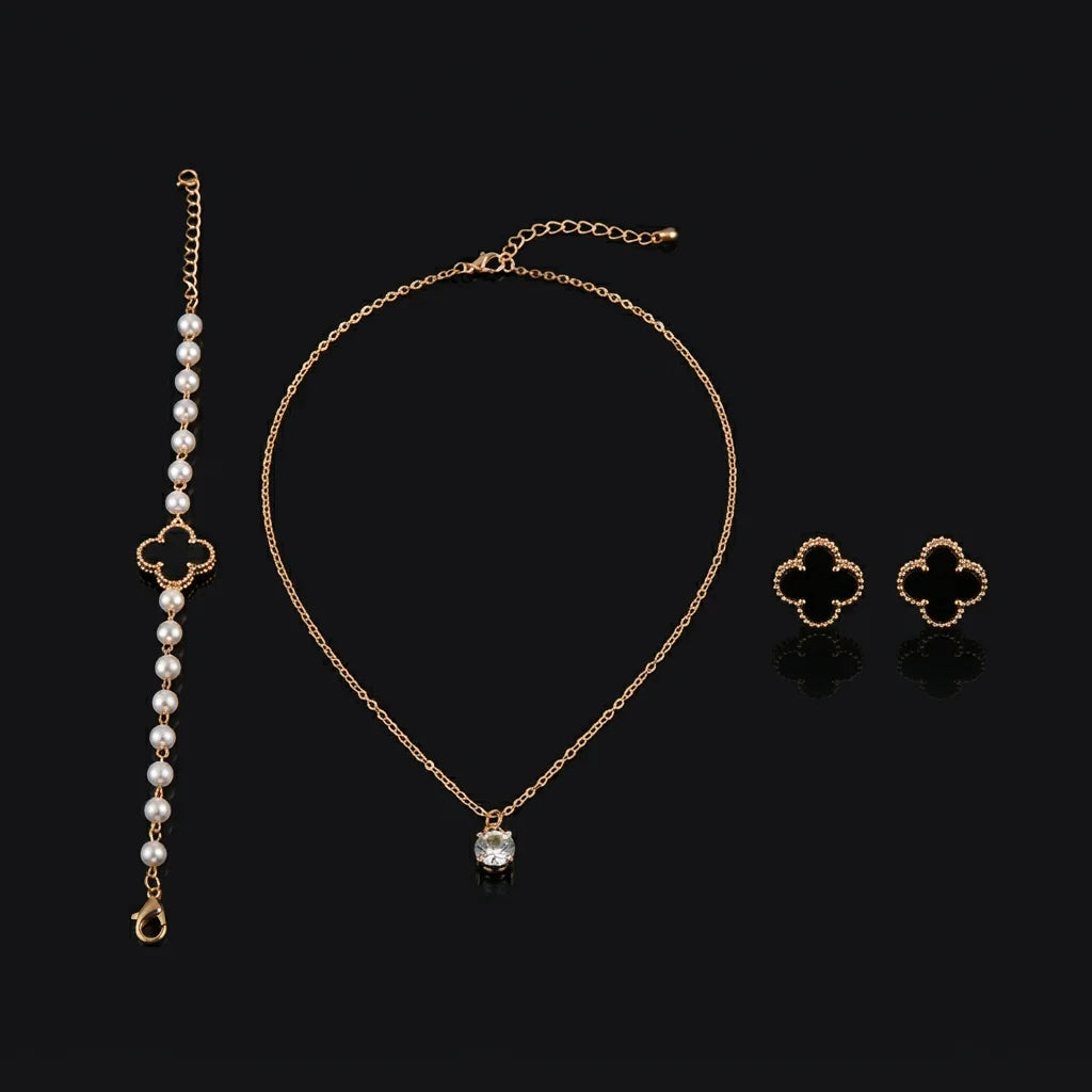 Golden Pearl and Clover Jewelry Set
