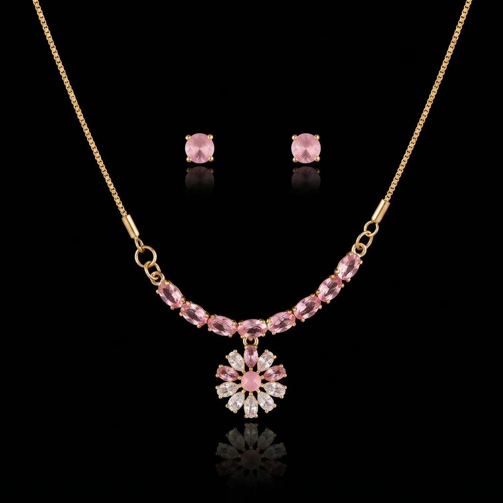 Golden Pink Floral Blossom 2-Piece Jewelry Set