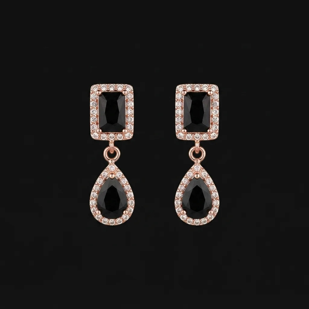Rose Gold Black and Crystal Halo Earrings