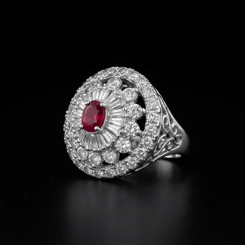 Silver Ruby and Crystal Cocktail Ring