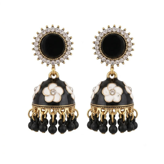 Black & White Floral Enamel Jhumka