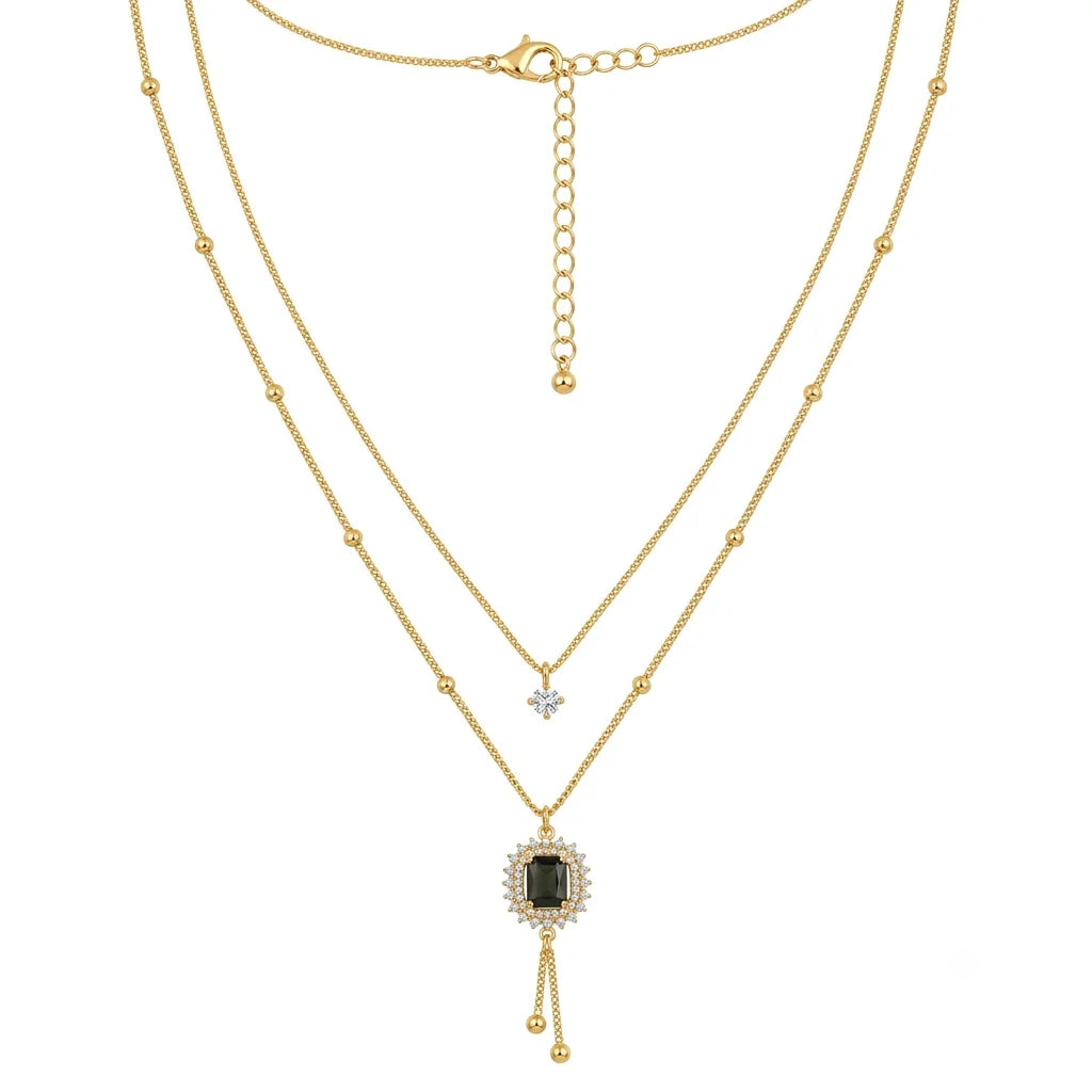 Elegant Double-Layered Emerald-Cut Stone Necklace