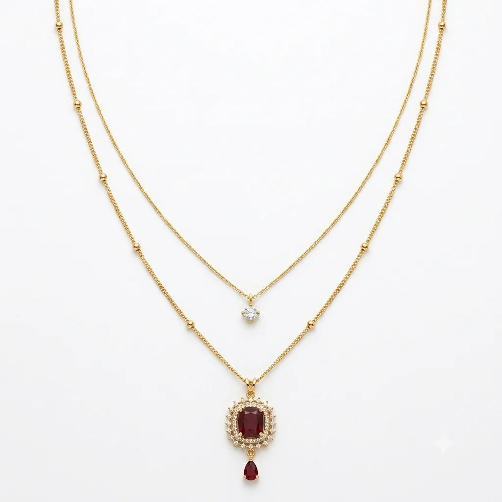 Elegant Double-Strand Ruby-Style Red Necklace