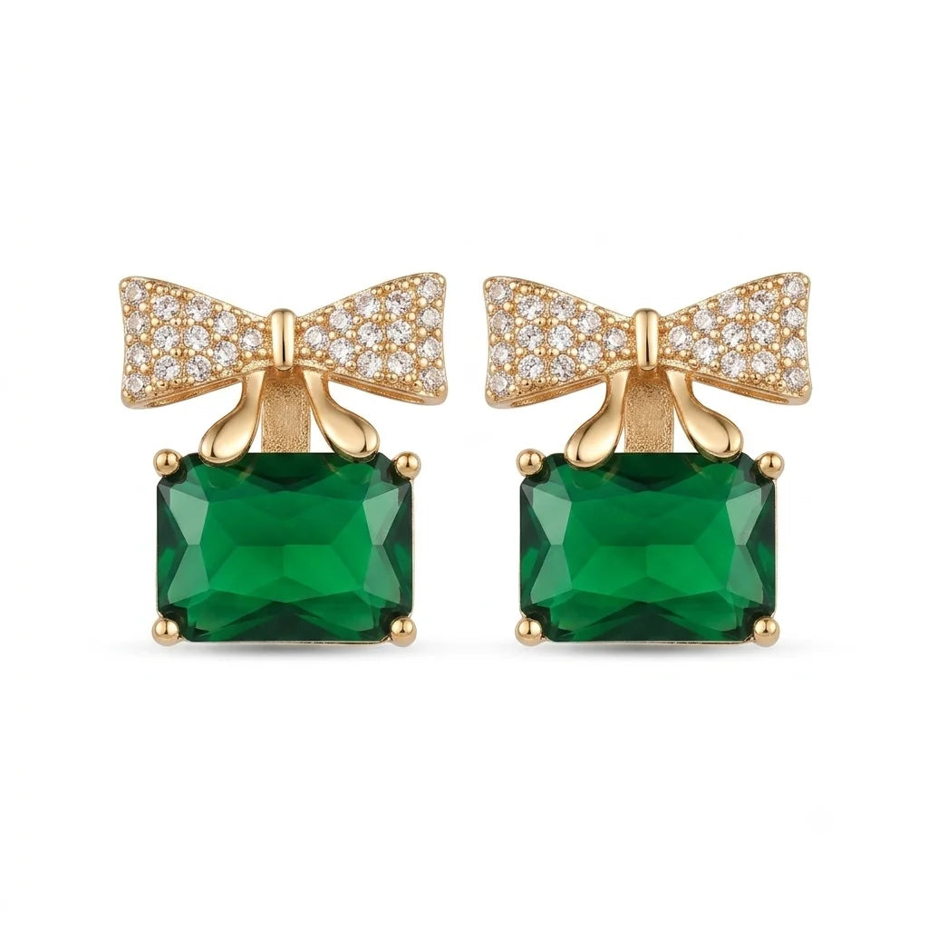 Elegant Emerald-Cut Green & Bow Crystal Earrings