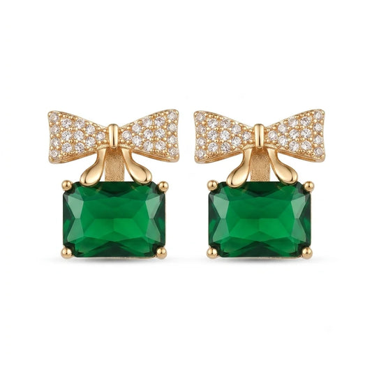 Elegant Emerald-Cut Green & Bow Crystal Earrings