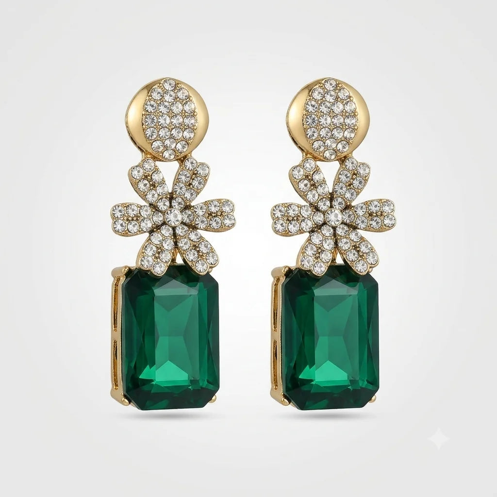 Elegant Emerald & Crystal Flower Drop Earrings