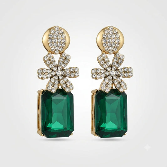 Elegant Emerald & Crystal Flower Drop Earrings