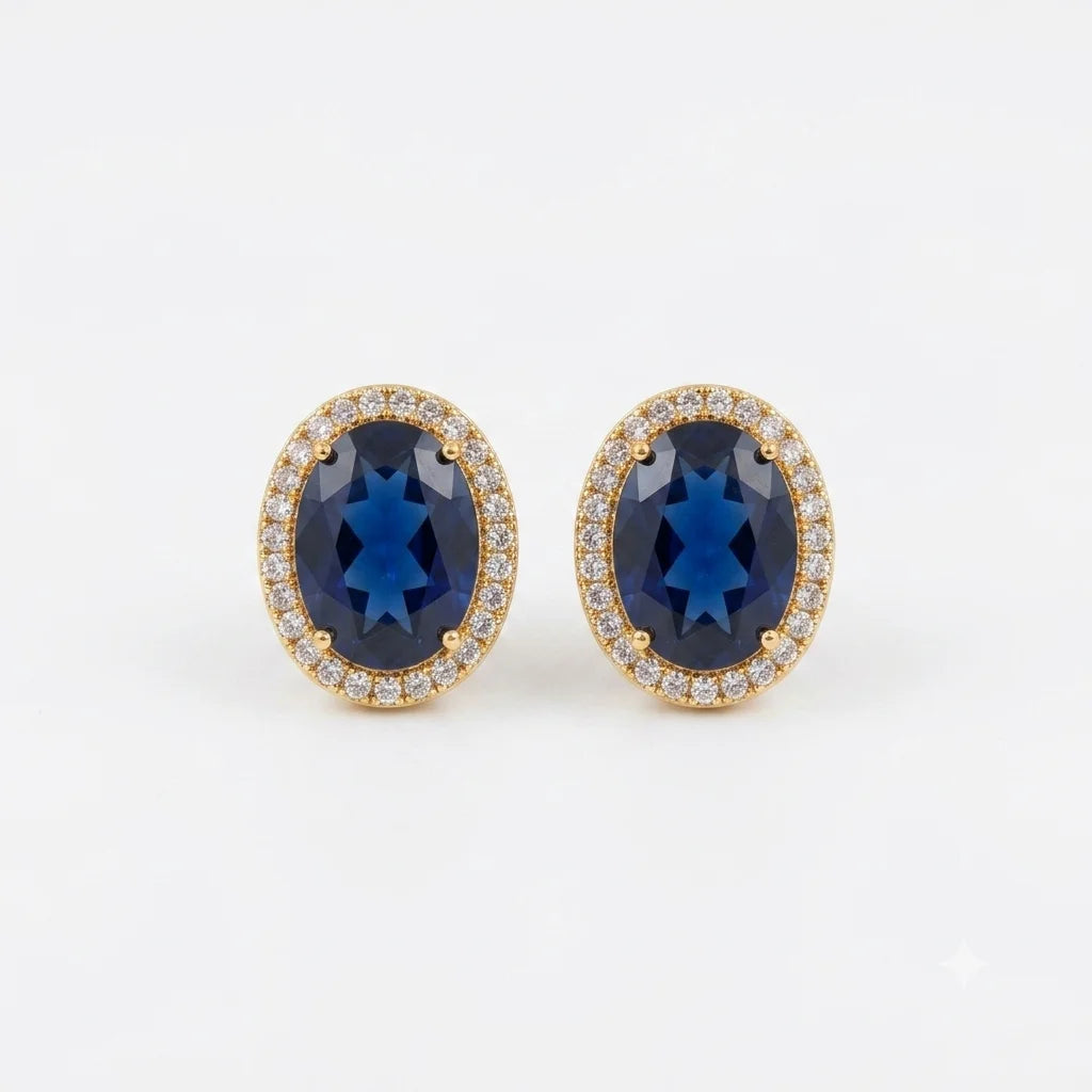 Elegant Oval Blue Sapphire & Crystal Halo Stud Earrings