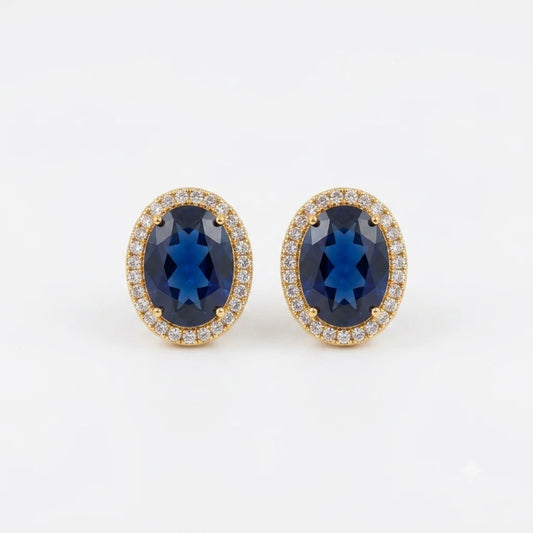 Elegant Oval Blue Sapphire & Crystal Halo Stud Earrings