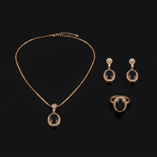 Golden Black Oval Halo 3-Piece Jewelry Set