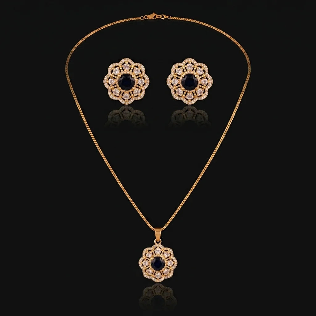 Golden Navy Blue Floral Halo 2-Piece Jewelry Set