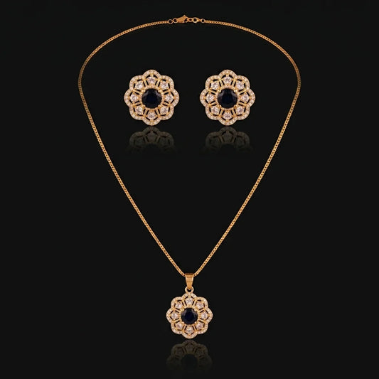 Golden Navy Blue Floral Halo 2-Piece Jewelry Set