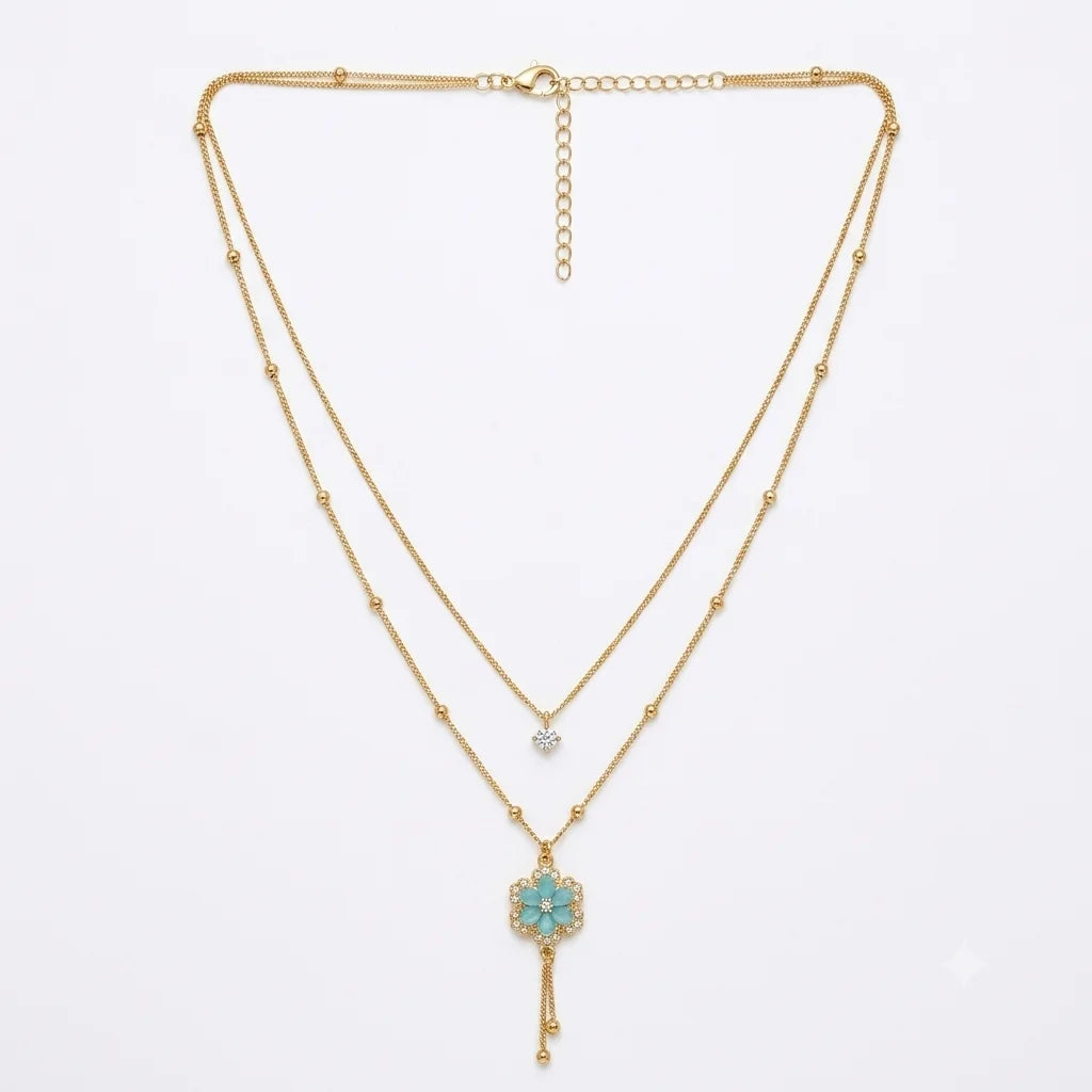 Layered Turquoise Floral Charm Necklace