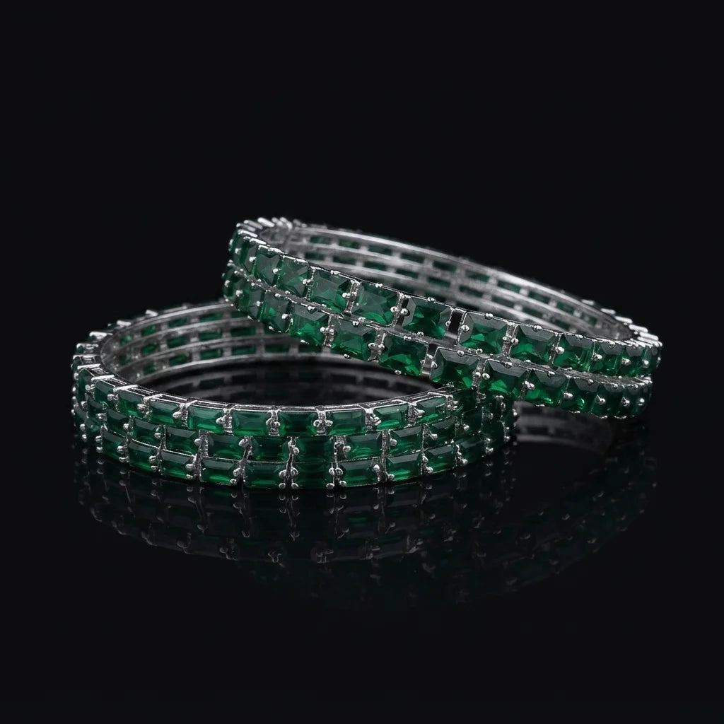 Silvery Emerald Double-Row Bangle 6 Piece Set