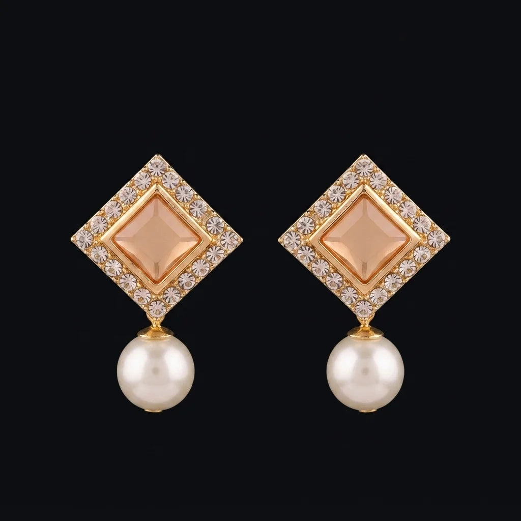 Golden Peach Diamond and Pearl Drop Earrings