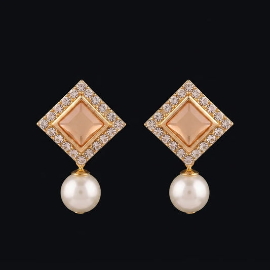 Golden Peach Diamond and Pearl Drop Earrings