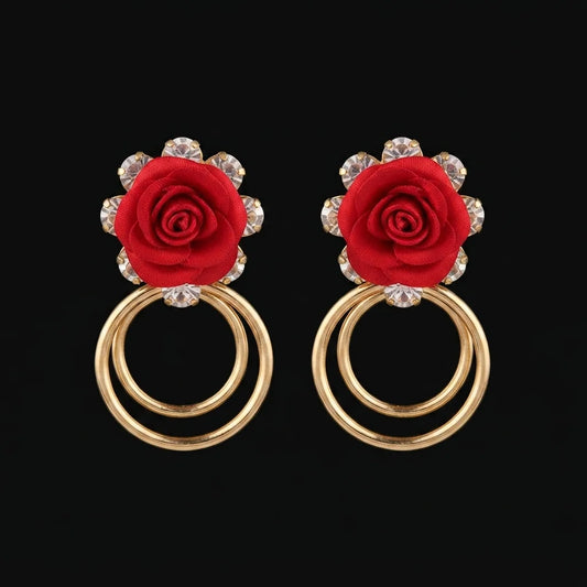 Golden Red Rose and Double Hoop Drop Earrings