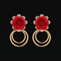 Golden Red Rose and Double Hoop Drop Earrings