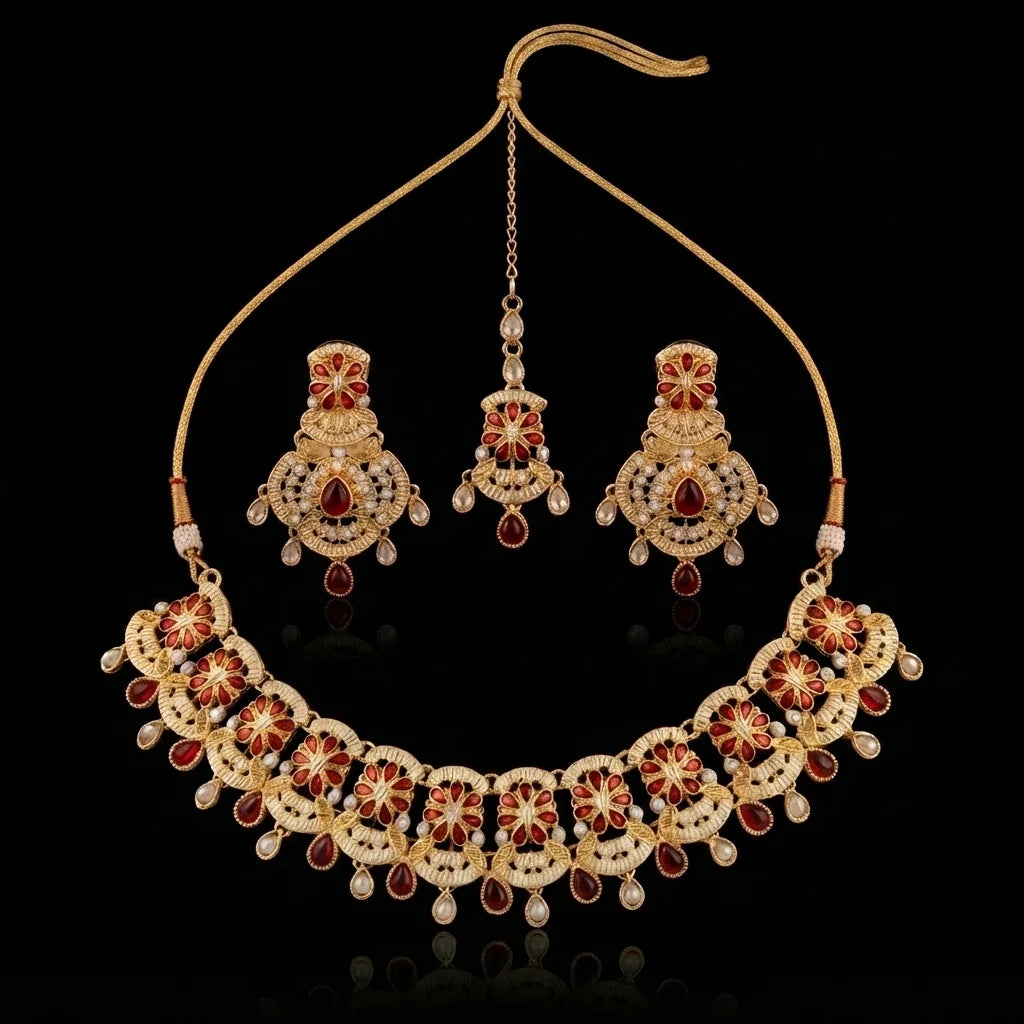 Royal Golden Ruby Floral Bridal Necklace Set