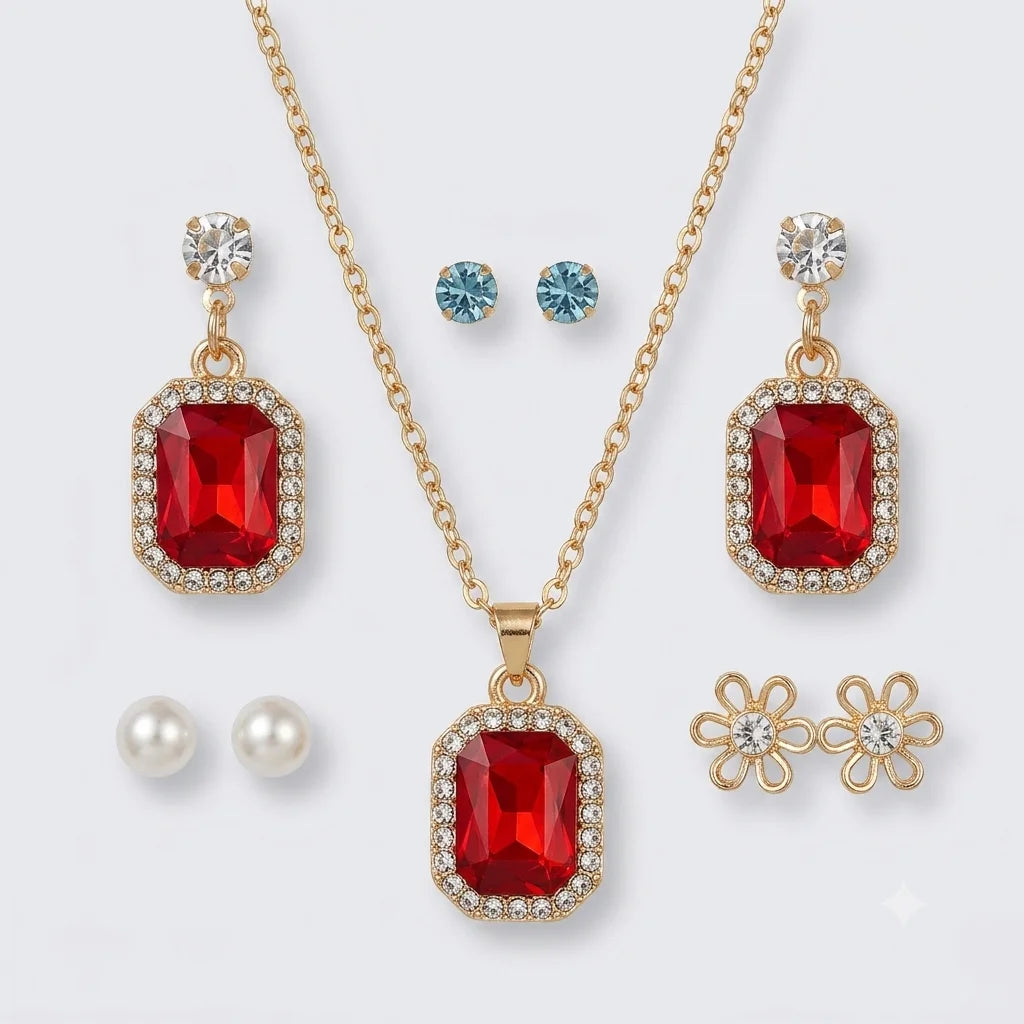 Ruby Crystal Necklace and Interchangeable Earrings Set