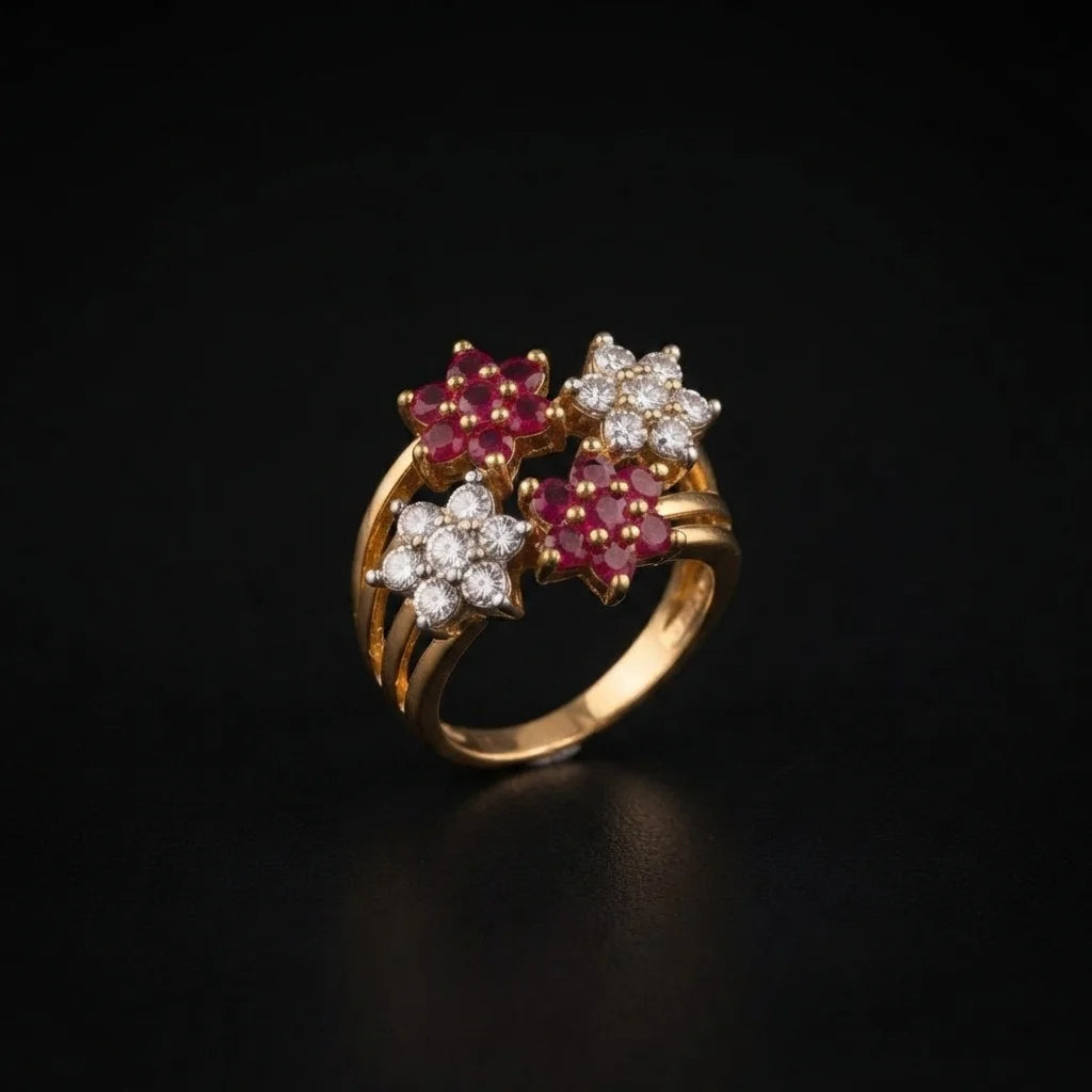 Golden Ruby and Crystal Floral Cluster Statement Ring
