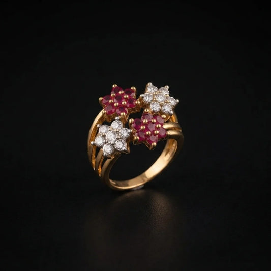 Golden Ruby and Crystal Floral Cluster Statement Ring