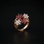 Golden Ruby and Crystal Floral Cluster Statement Ring