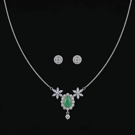 Silver Emerald Teardrop Floral 2-Piece Jewelry Set