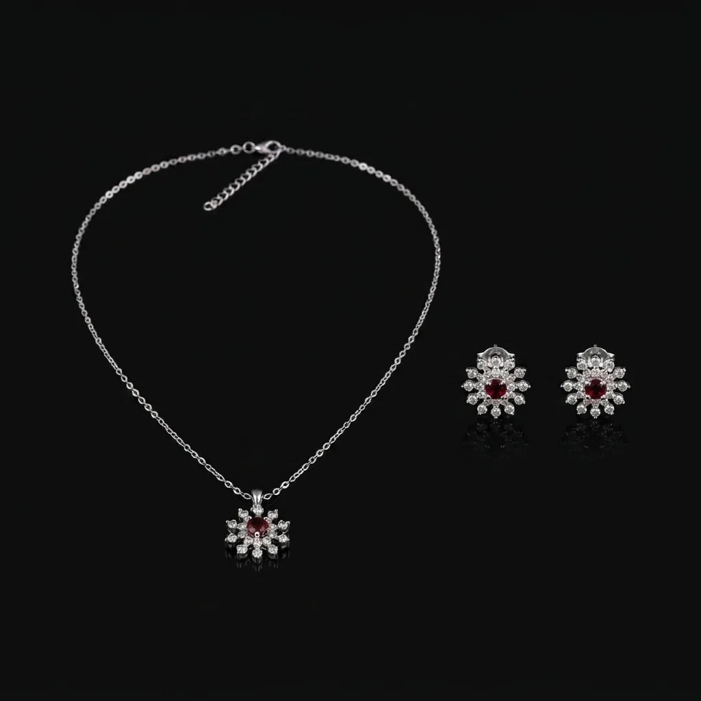 Silver Ruby Floral Star 2-Piece Jewelry Set