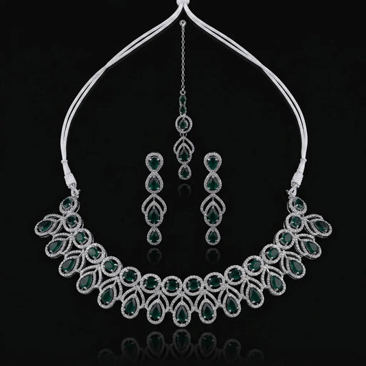 Silvery Emerald Leaflet Bridal Choker Set