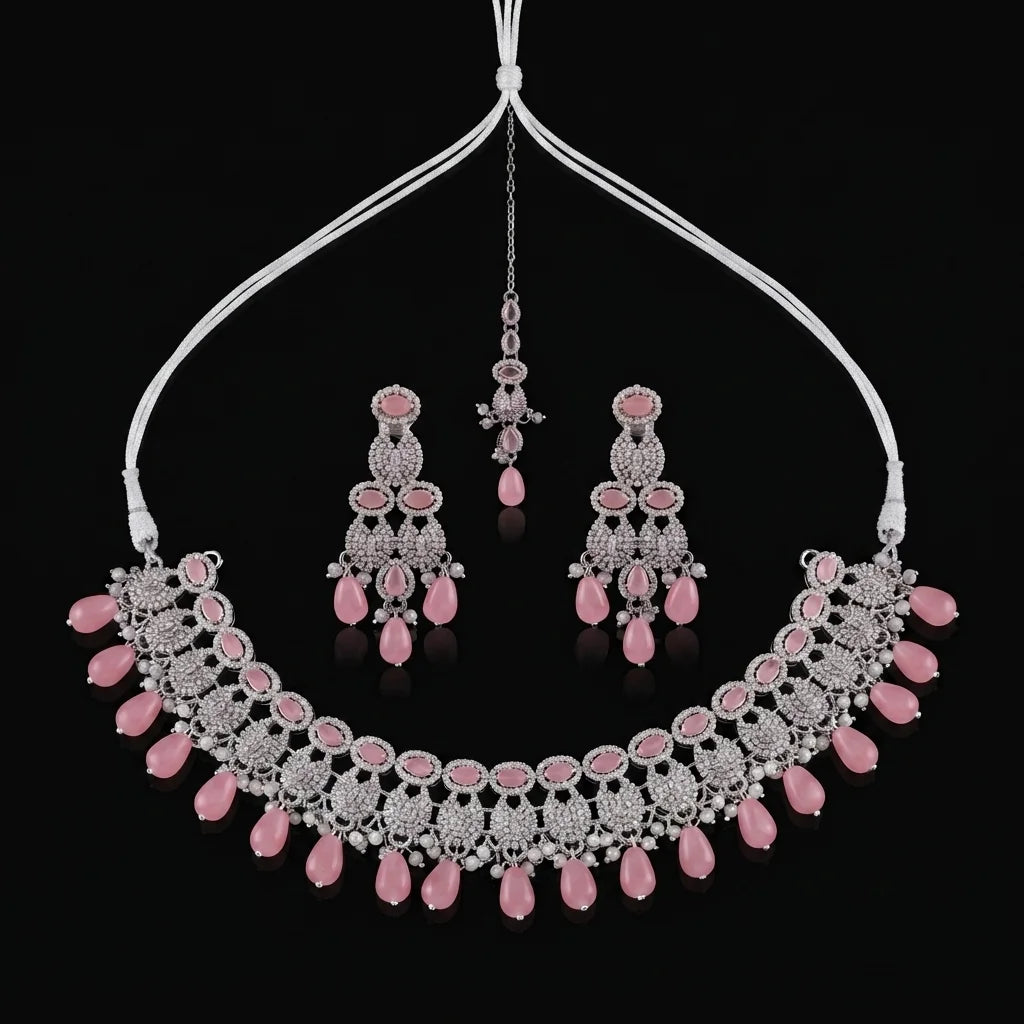 Silvery Pink Teardrop Bridal Choker Set
