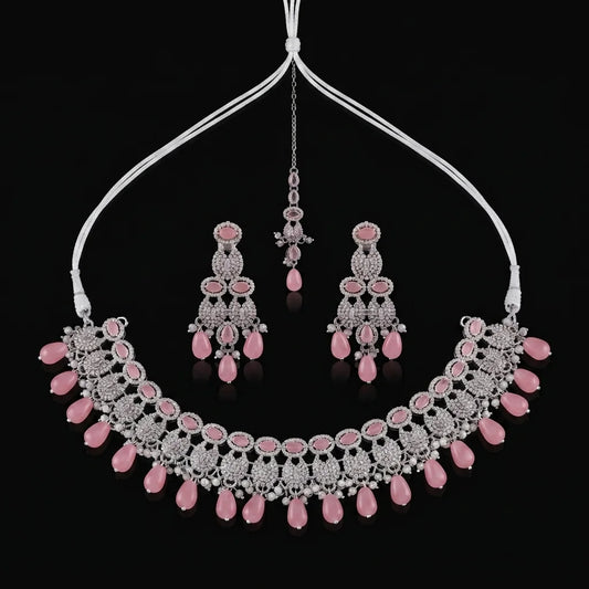 Silvery Pink Teardrop Bridal Choker Set