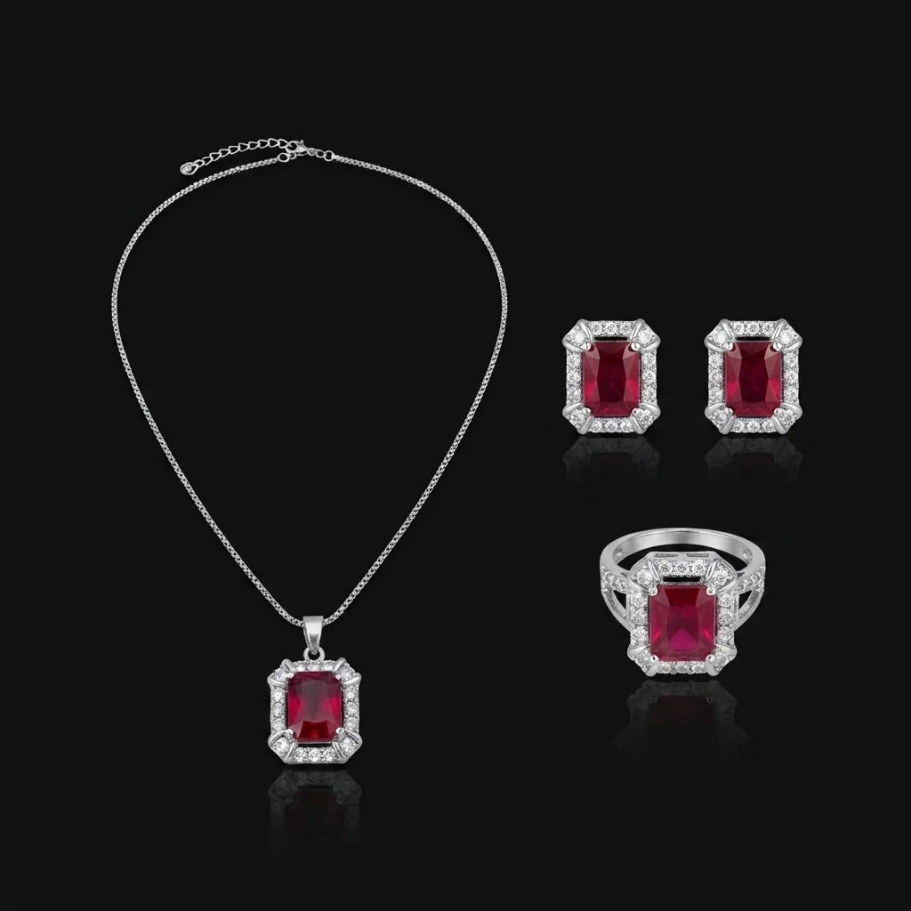 Silvery Ruby Emerald-Cut Halo 3-Piece Jewelry Set