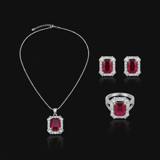 Silvery Ruby Emerald-Cut Halo 3-Piece Jewelry Set