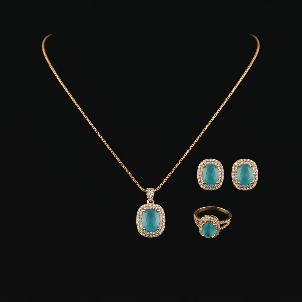 Golden Aqua Oval Halo 3-Piece Jewelry Set