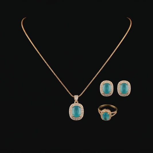 Golden Aqua Oval Halo 3-Piece Jewelry Set