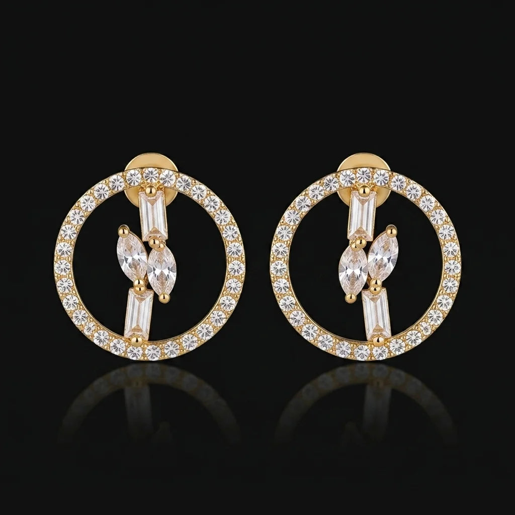 Golden Geometric Crystal Circle Stud Earrings