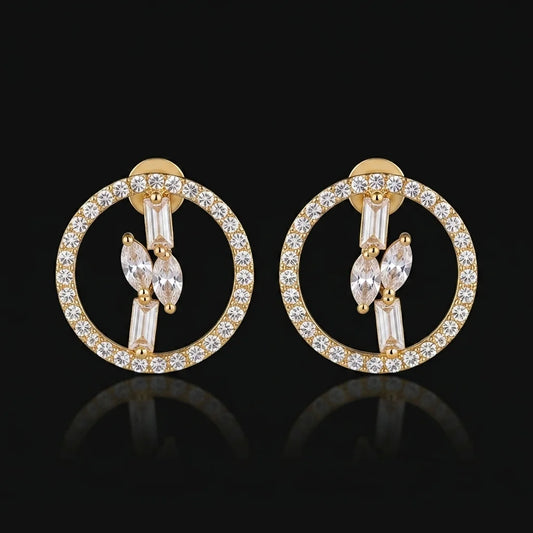 Golden Geometric Crystal Circle Stud Earrings