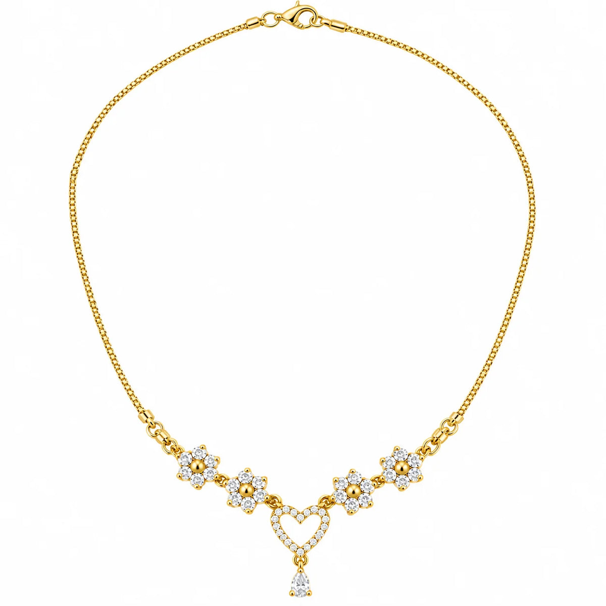 Golden Floral and Heart Crystal Necklace